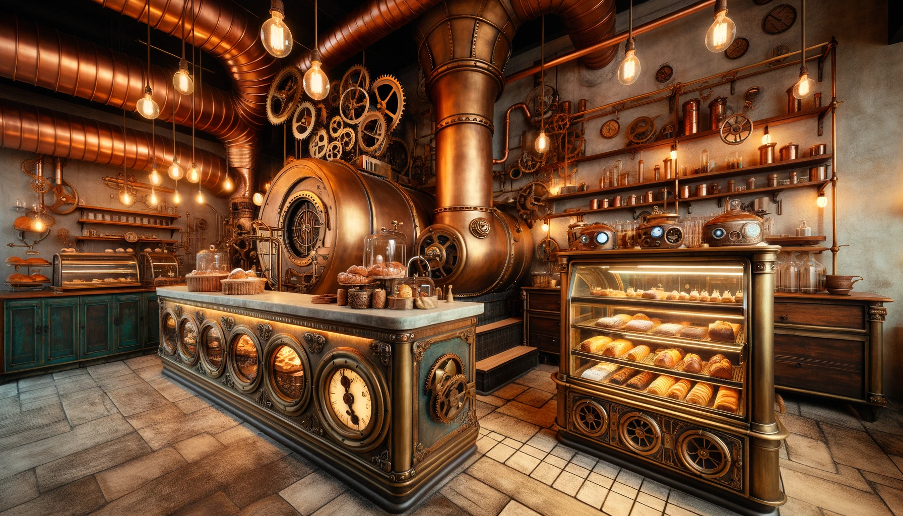 Steampunk style bakery interior with vintage equipment.