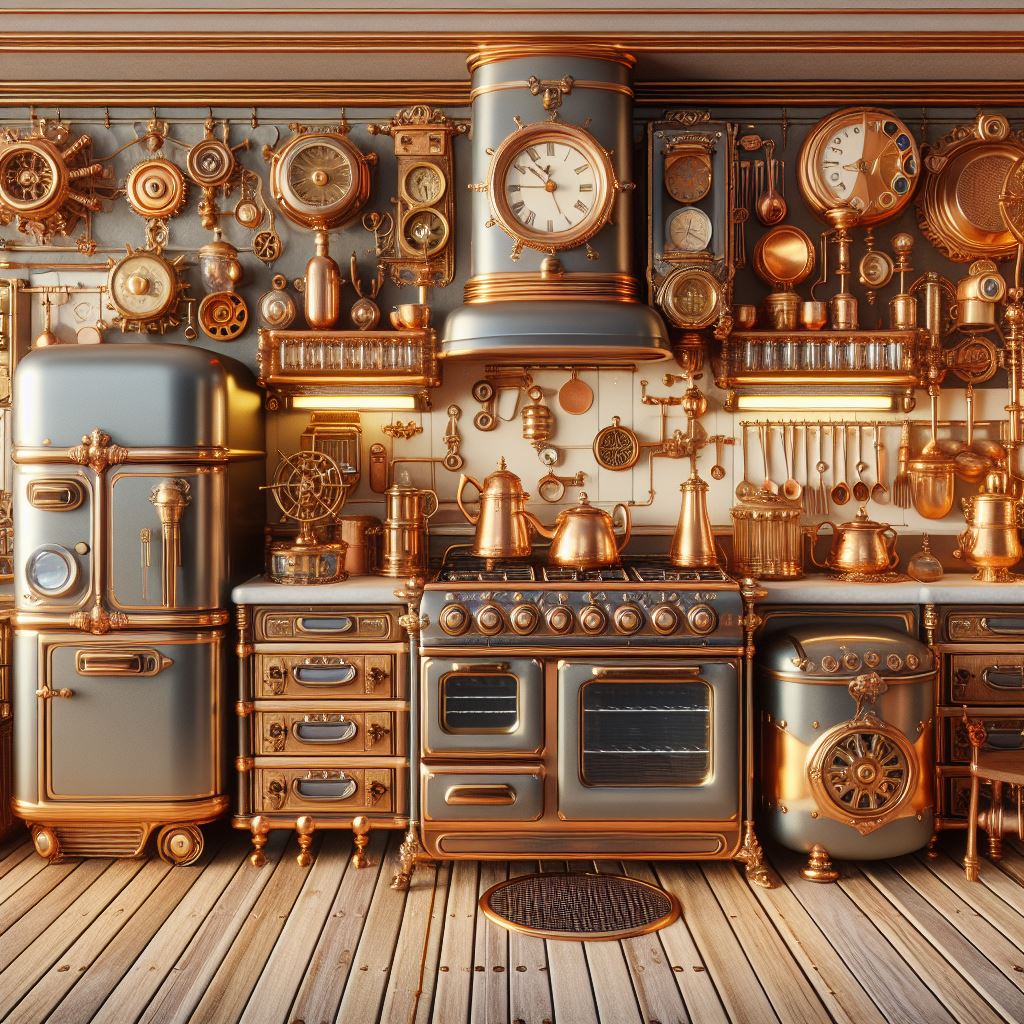 Steampunk kitchen with copper appliances and vintage gadgets.