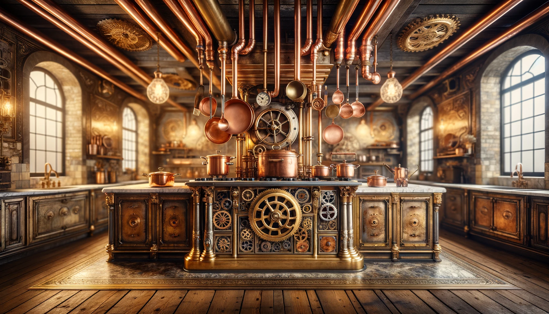 Steampunk-style kitchen with copper utensils and pipes.
