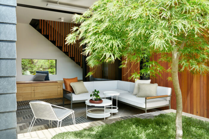 An outdoor living area with a tree and chairs incorporating biophilic design.