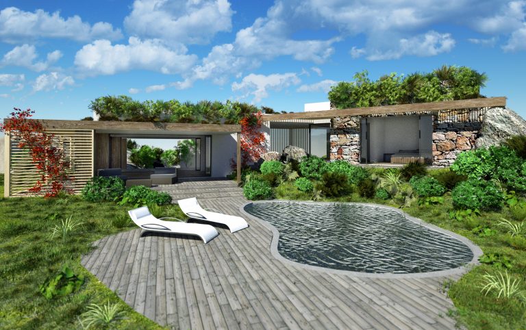 A sustainable home featuring a 3D rendering of a house with a swimming pool.