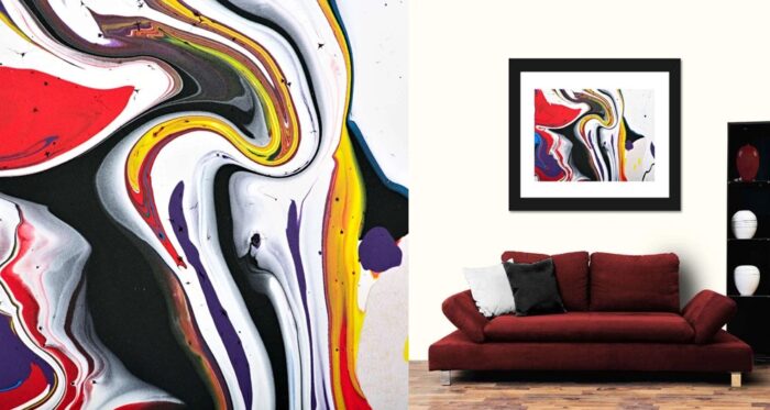 A living room adorned with an abstract painting on the wall, showcasing exquisite interior decoration.