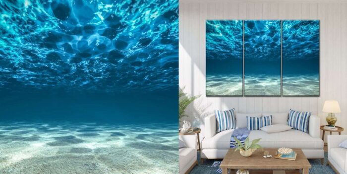A living room with ocean view and wall art.