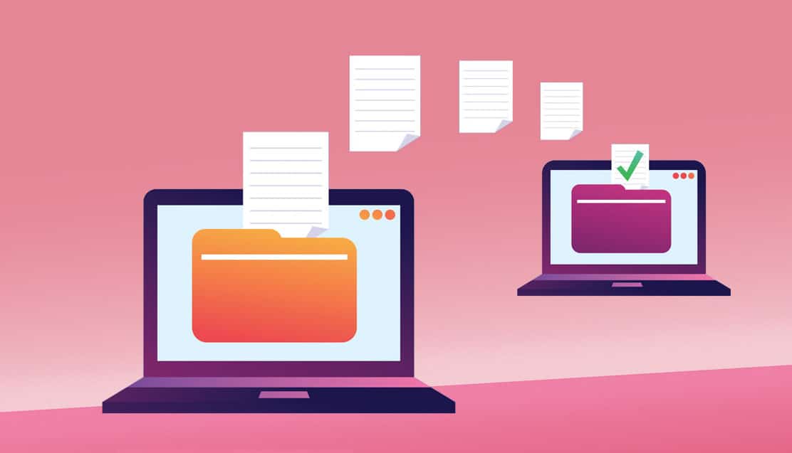 Two laptops on a pink background with paper coming out of them during a migration process.
