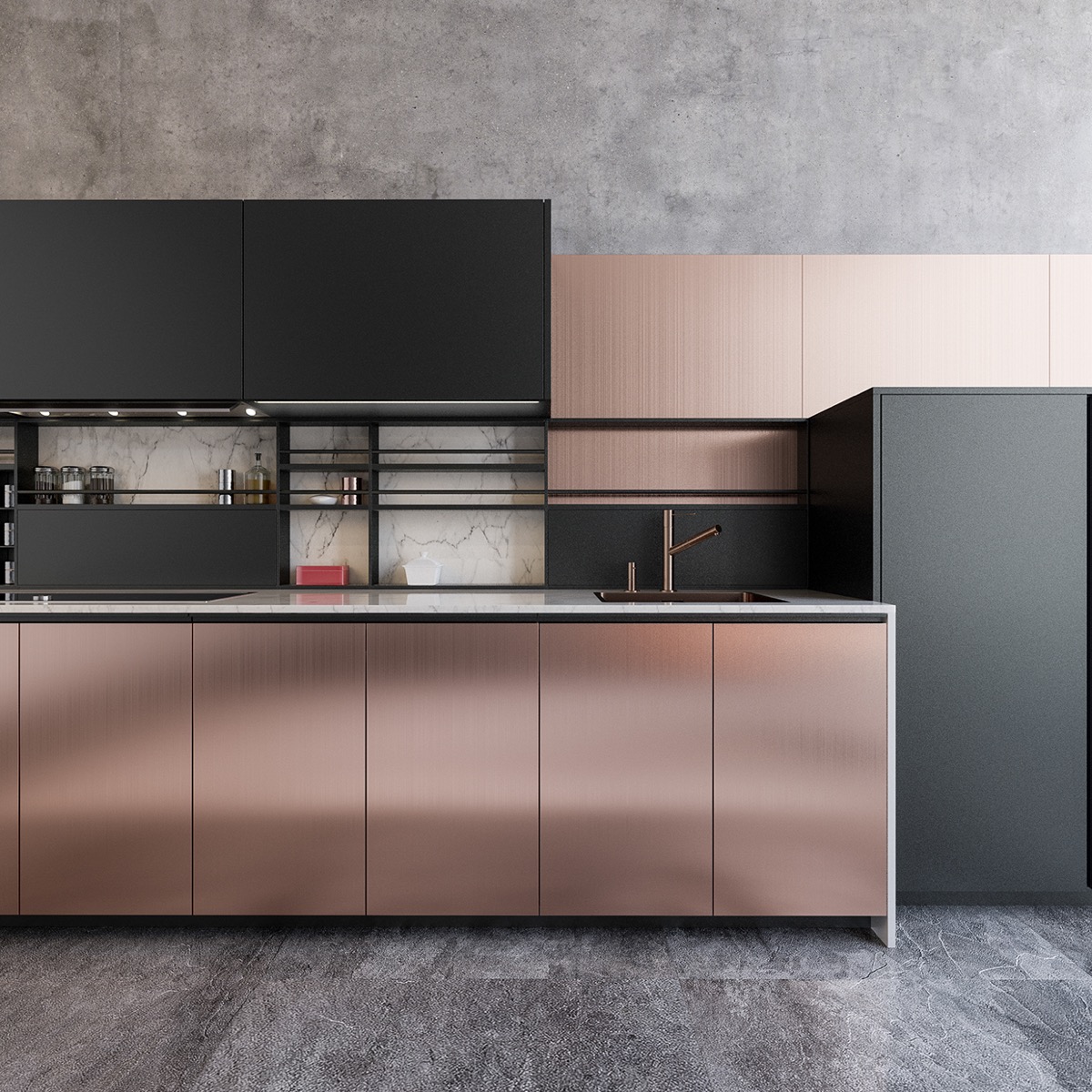 A modern kitchen featuring black and rose gold cabinets, showcasing the latest kitchen design trends.