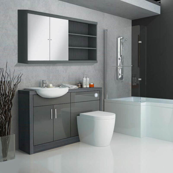 A bathroom design featuring a sleek grey color scheme and essential fixtures including a toilet, sink, and mirror.