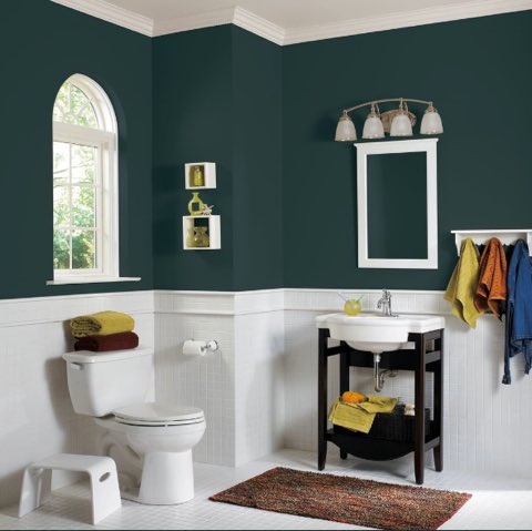 Bathroom design featuring green walls and a white toilet.