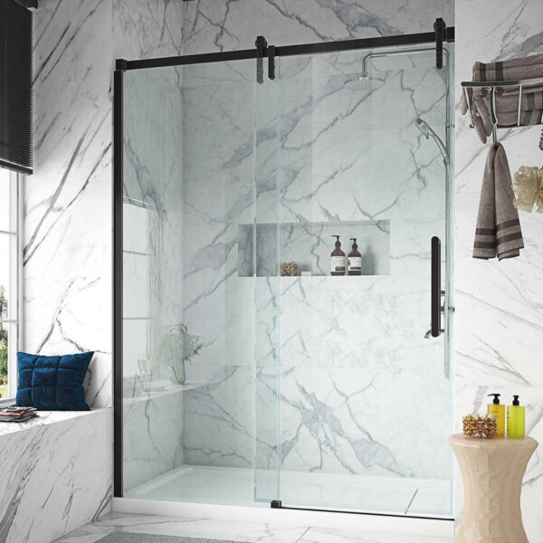 A bathroom with elegant marble walls and a sleek glass shower door showcasing exquisite bathroom design.