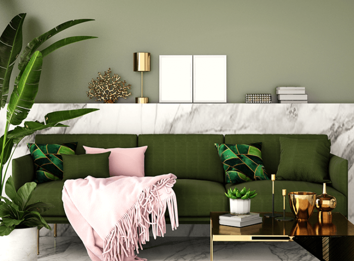 Decorate living room with green walls and pink furniture.