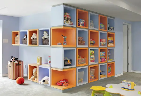 Decorate a children's room with ample storage space.