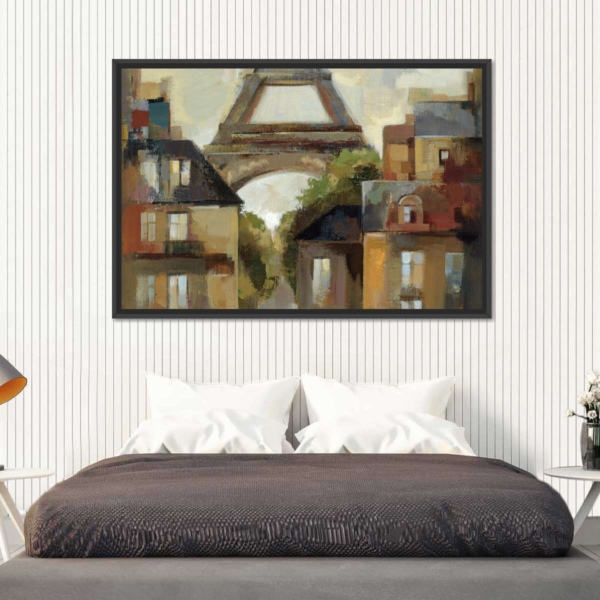 A painting of the Eiffel Tower adds charm to a bedroom.