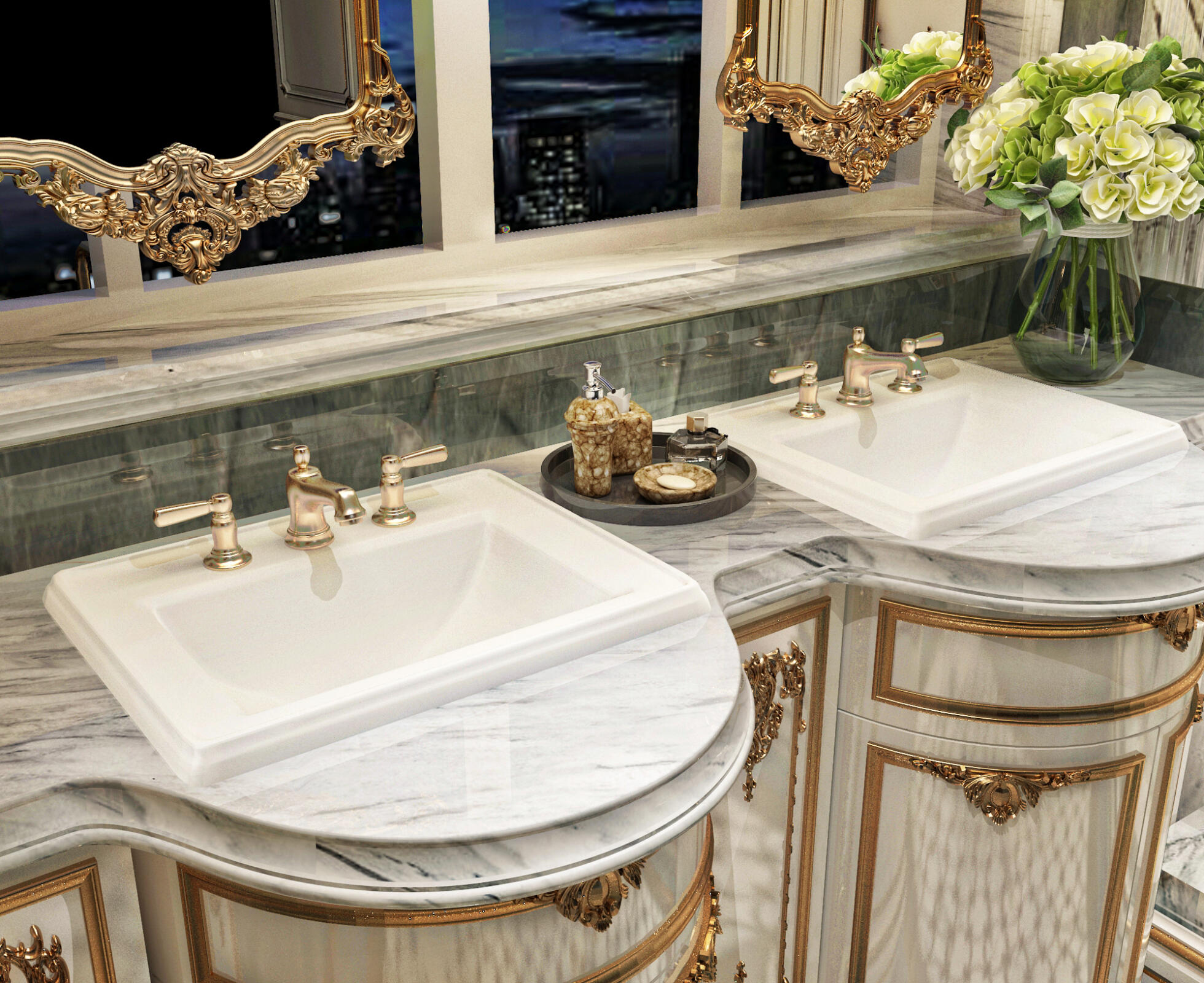 A stunning bathroom with two sinks and an ornate mirror.