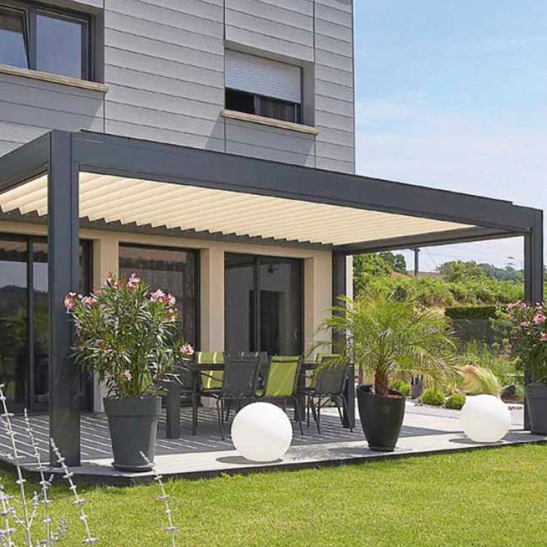 A retractable awning covering an outdoor patio.