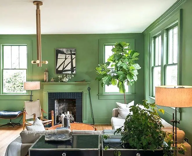 A living room with green walls or a fireplace.