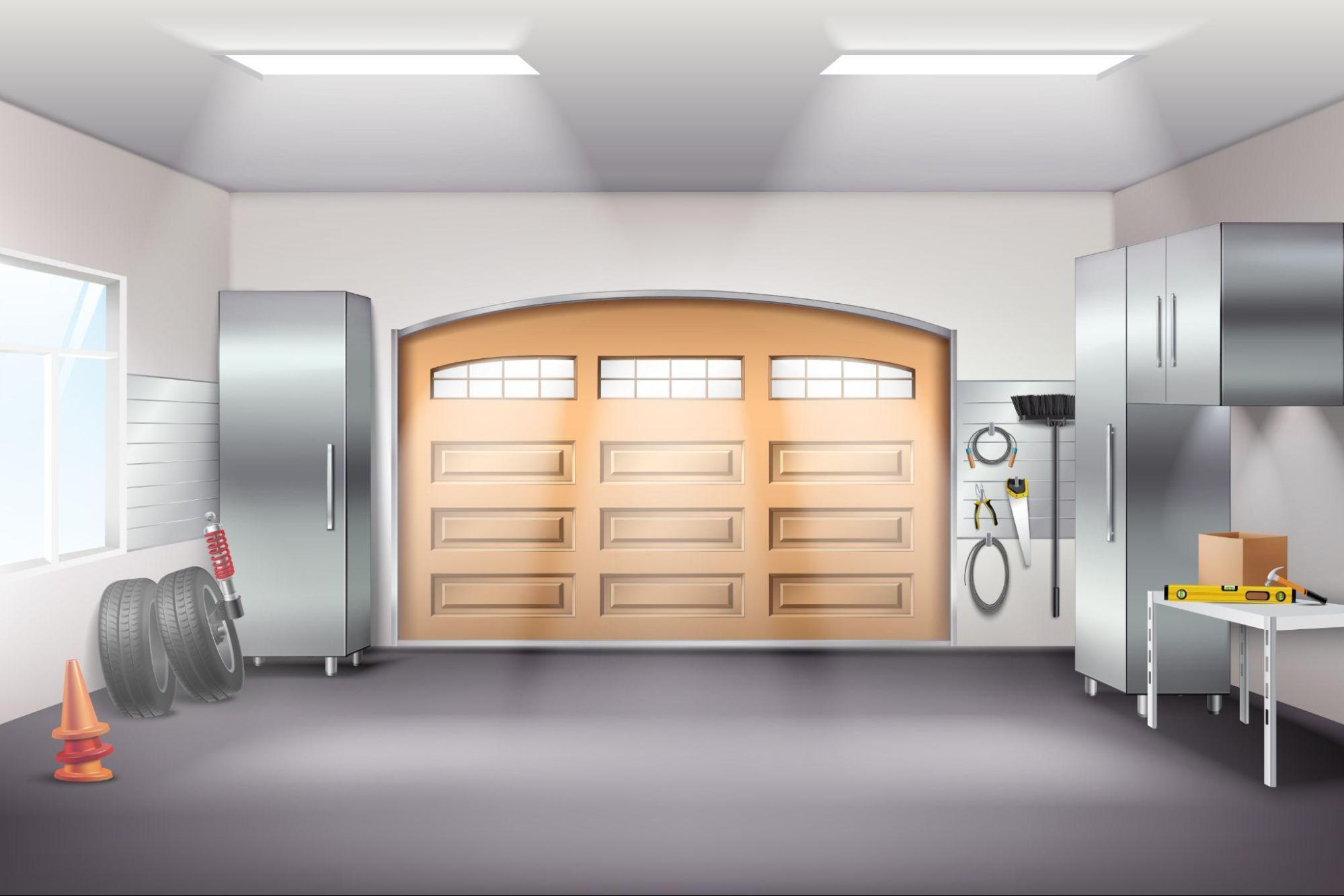 An illustration of a garage with an organized door and tire.