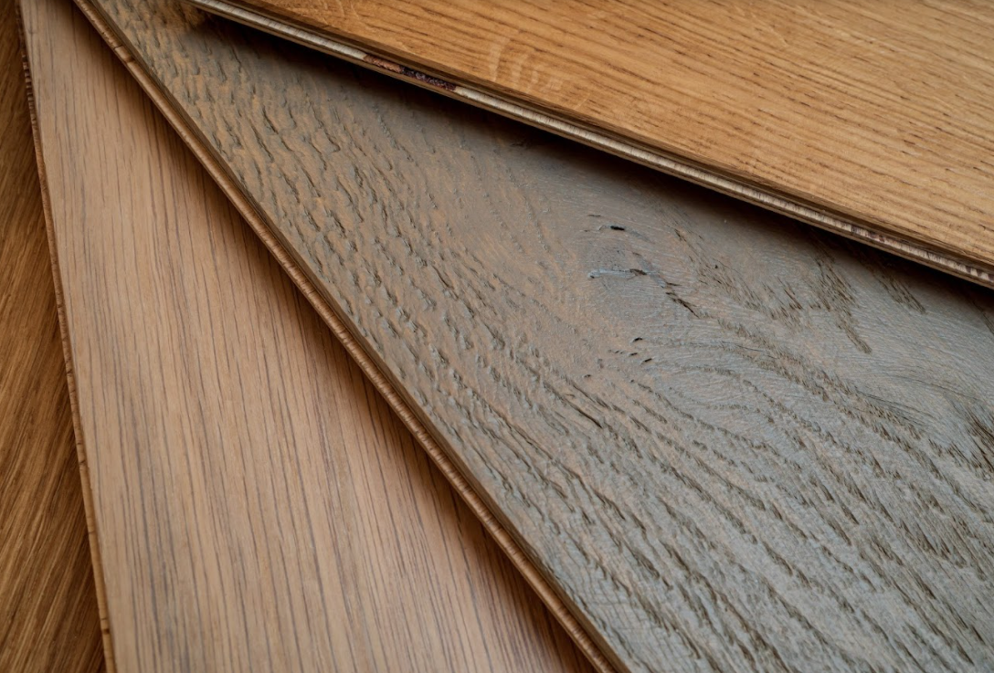 A close up of engineered hardwood flooring.