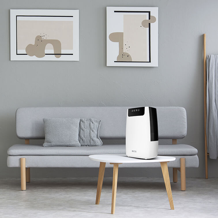 An ultrasonic humidifier sits on a table in a living room.