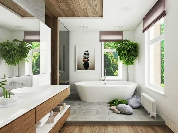 A modern bathroom with a tub.