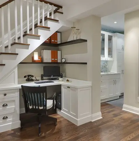 Home Office Decorating Ideas with a desk under the stairs.