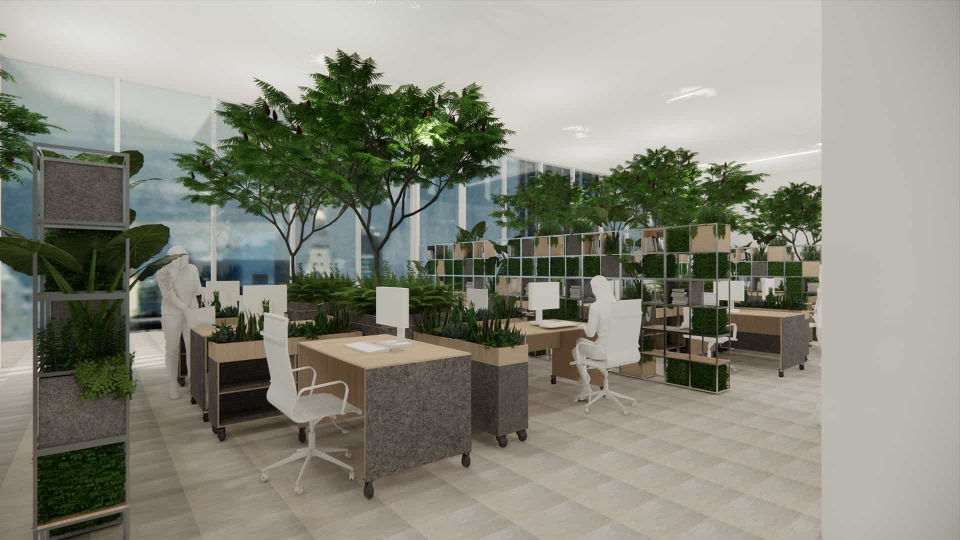 A 3D rendering of an office with plants and desks, showcasing a science-backed method to improve productivity.