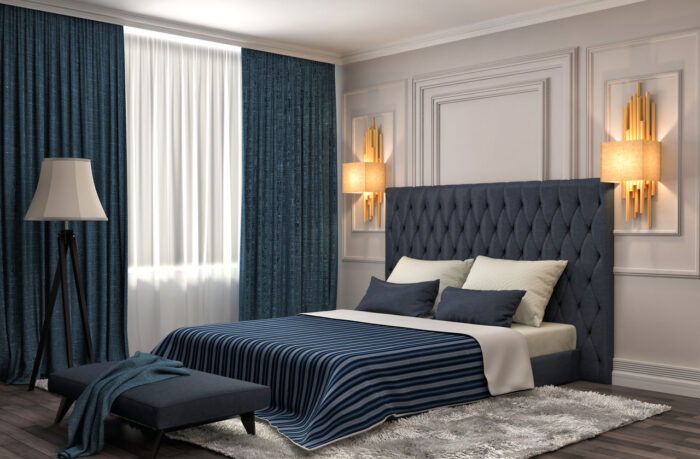 3d rendering of a bedroom with blue walls, tufted headboard, and bedroom ideas.