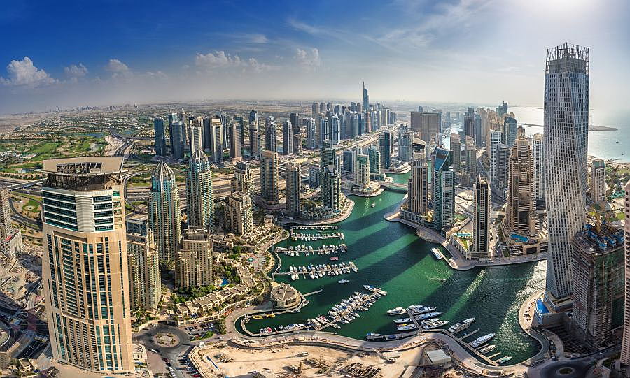 An aerial view of the city of Dubai.