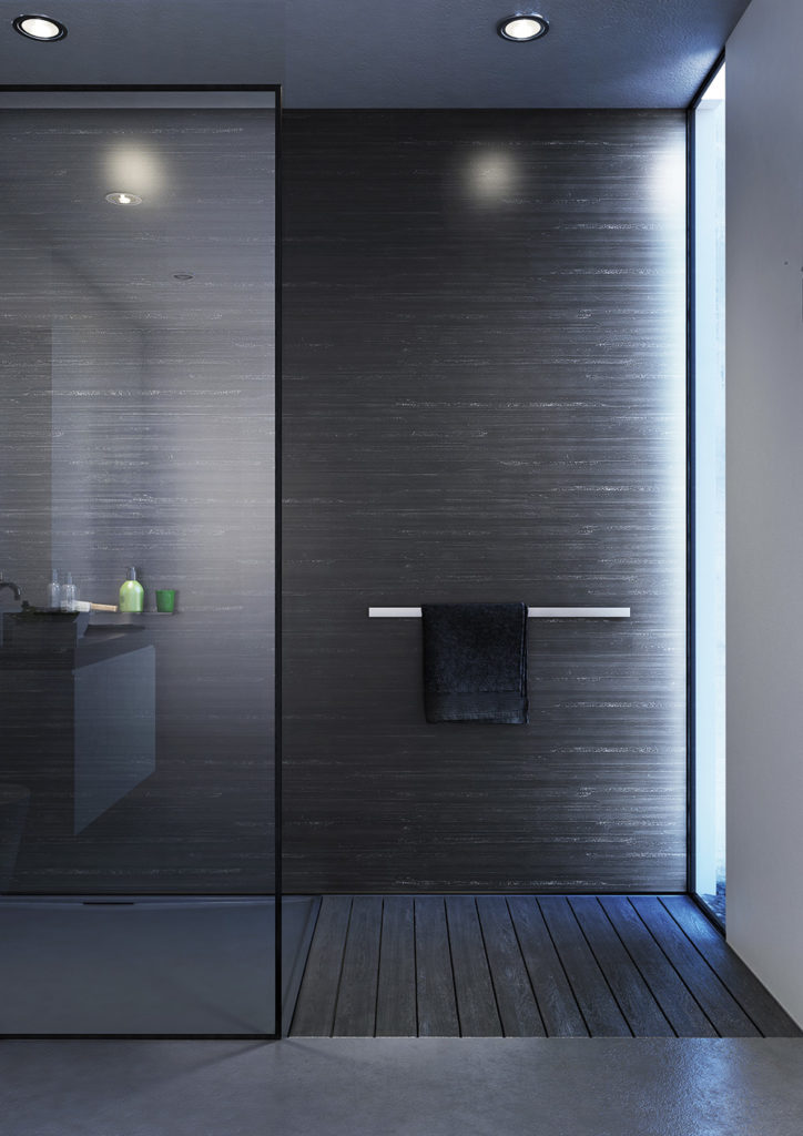 A modern bathroom with glass shower door and wall panels.