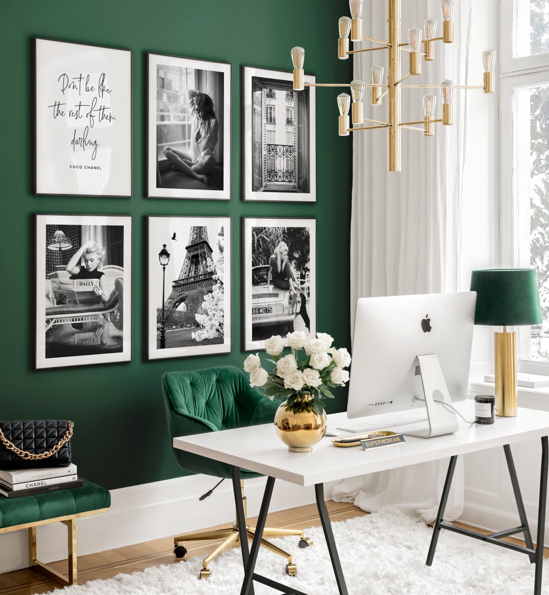 A home office with green, black, and gold accents.
