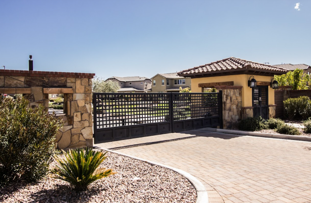A solar-powered gated entrance to a home in California.