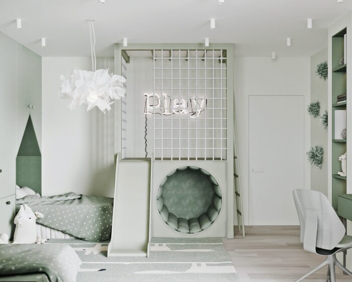 Action packed play revolves around an activity block in this pastel kids’ room.