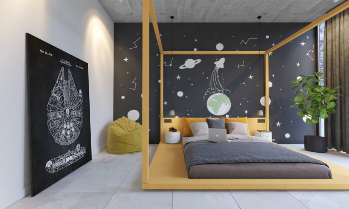 A fantasy-themed bedroom with a yellow canopy bed.