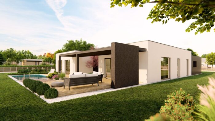 A 3D rendering of a modern bungalow with a swimming pool.