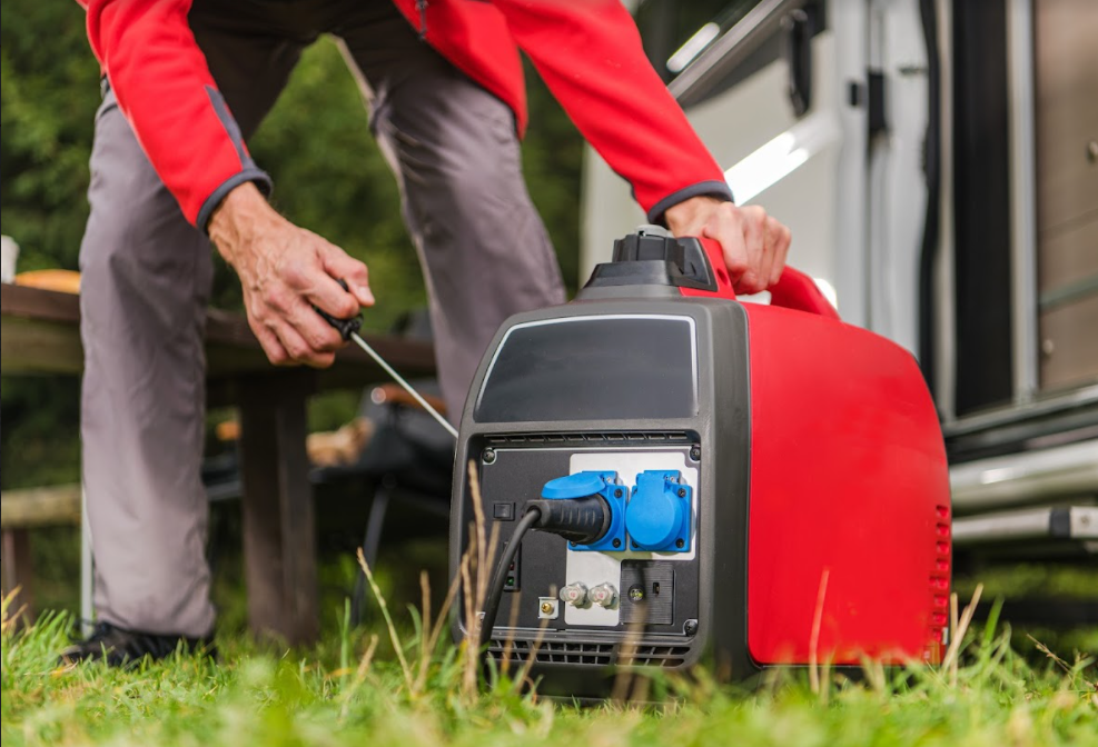 A man using a suitcase generator in the grass.
