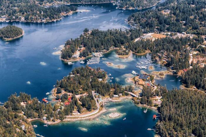 An aerial view of a small island surrounded by water and trees, perfect for a vacation home.