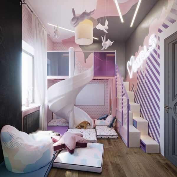 A fantasy-themed children's room with a pink and purple color scheme.