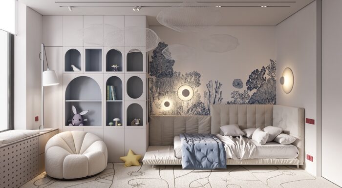 A fantasy-inspired child's bedroom with a white bed and a blue wall.