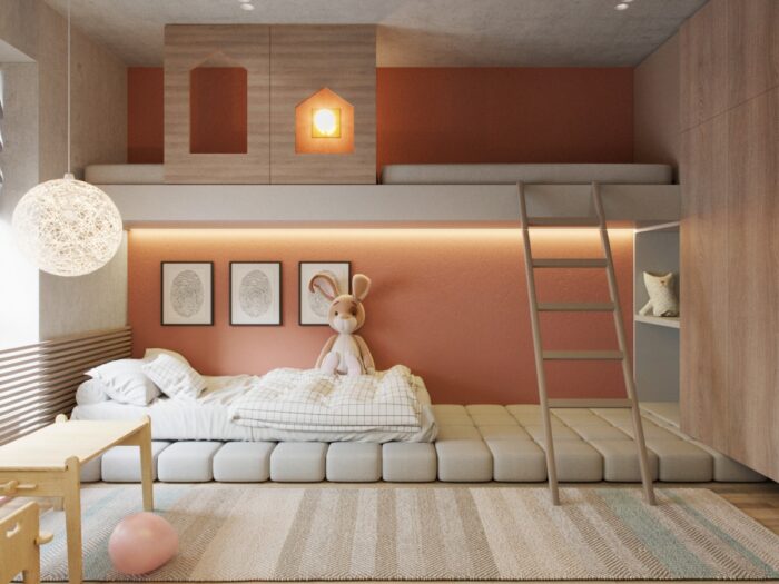A fantasy kids' room with a bunk bed and a ladder.