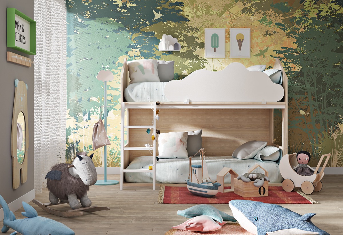 A fantasy-themed children's room with a bunk bed and toys.