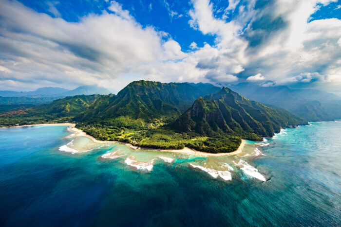 An aerial view of the island of Kauai, one of the best weekend getaways in Hawaii.