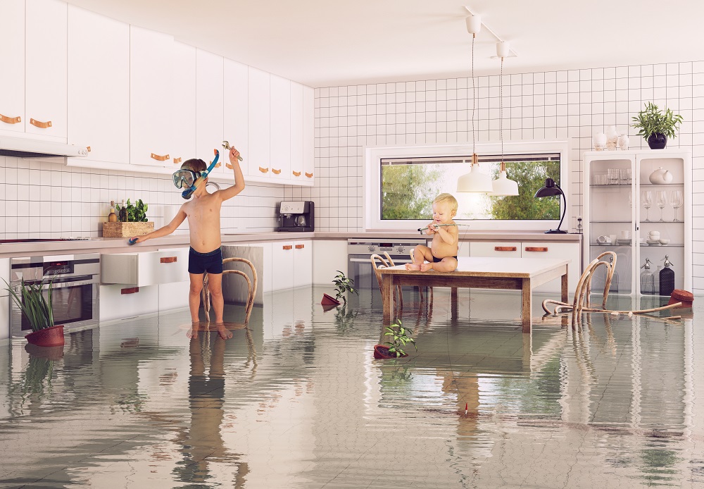 A man and woman facing their own plumbing issue in a flooded kitchen.