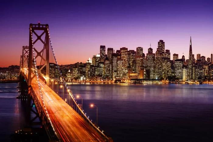San Francisco Bay Bridge photo at dusk - best weekend getaways.