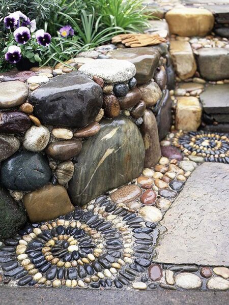 A feng shui garden with flowers and a stone path.