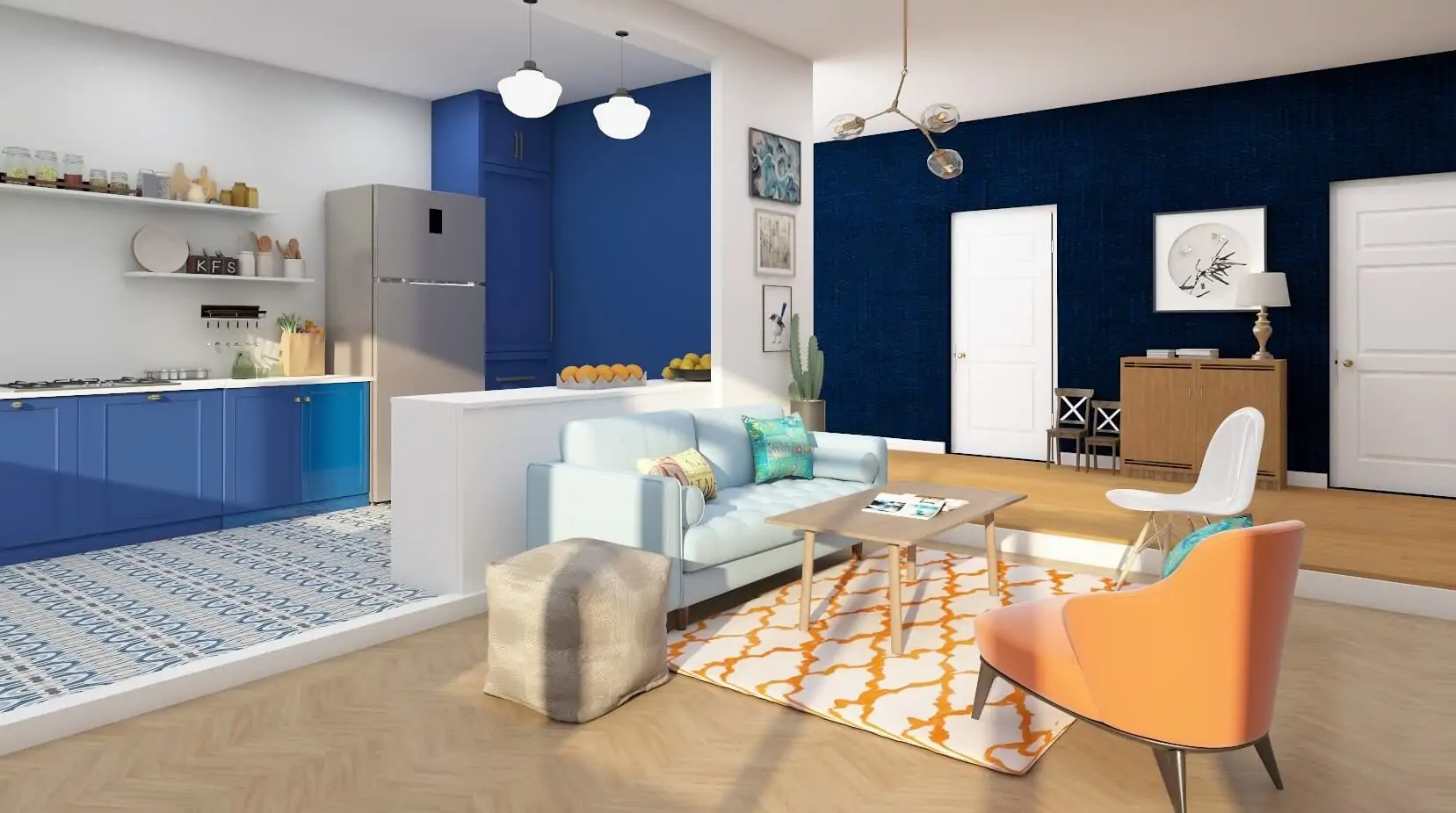 Interior Trends: A blue and white living room and kitchen featuring the latest design styles.