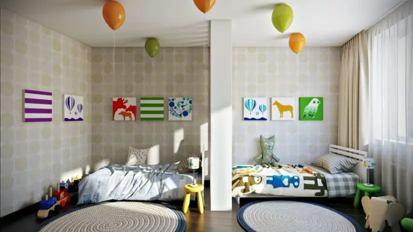 A children's room with two beds and colorful balloons.