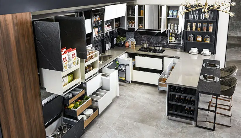 A kitchen with a lot of storage space.