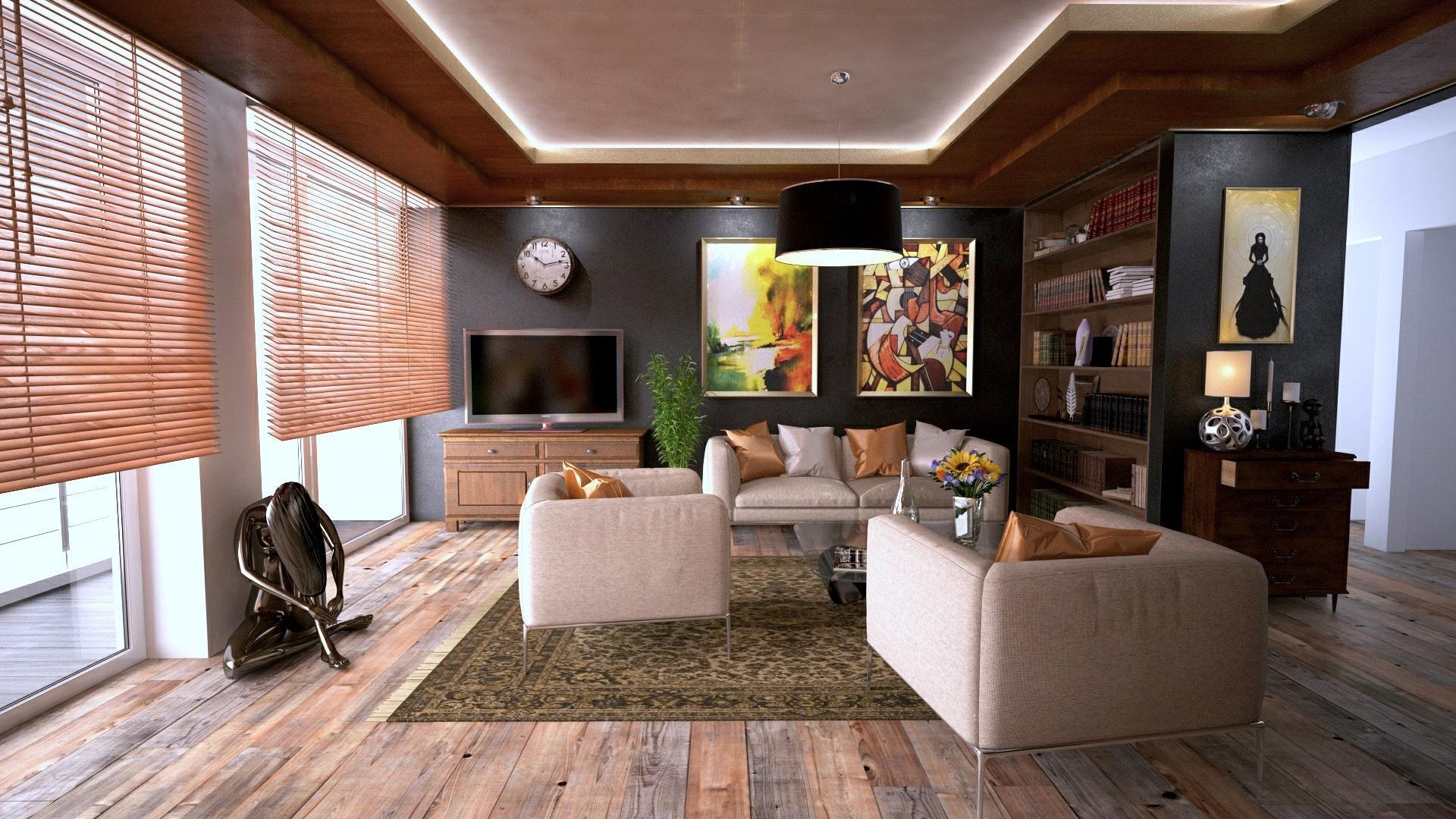 A 3D rendering of a studio apartment with wooden floors.