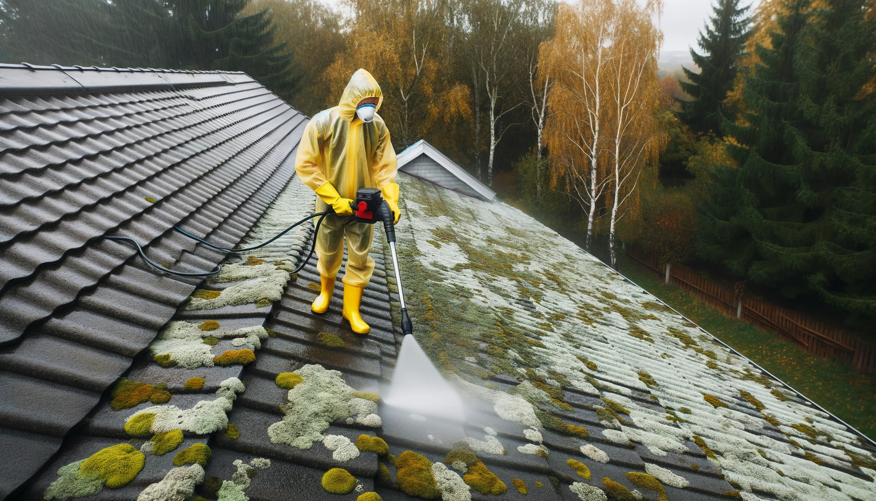 Person pressure washing mossy roof safely.
