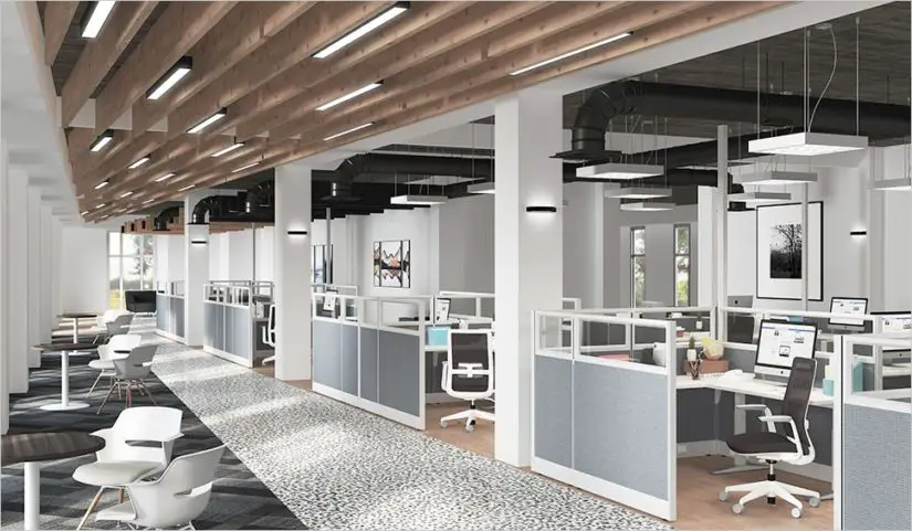 A rendering of an office with desks and chairs.