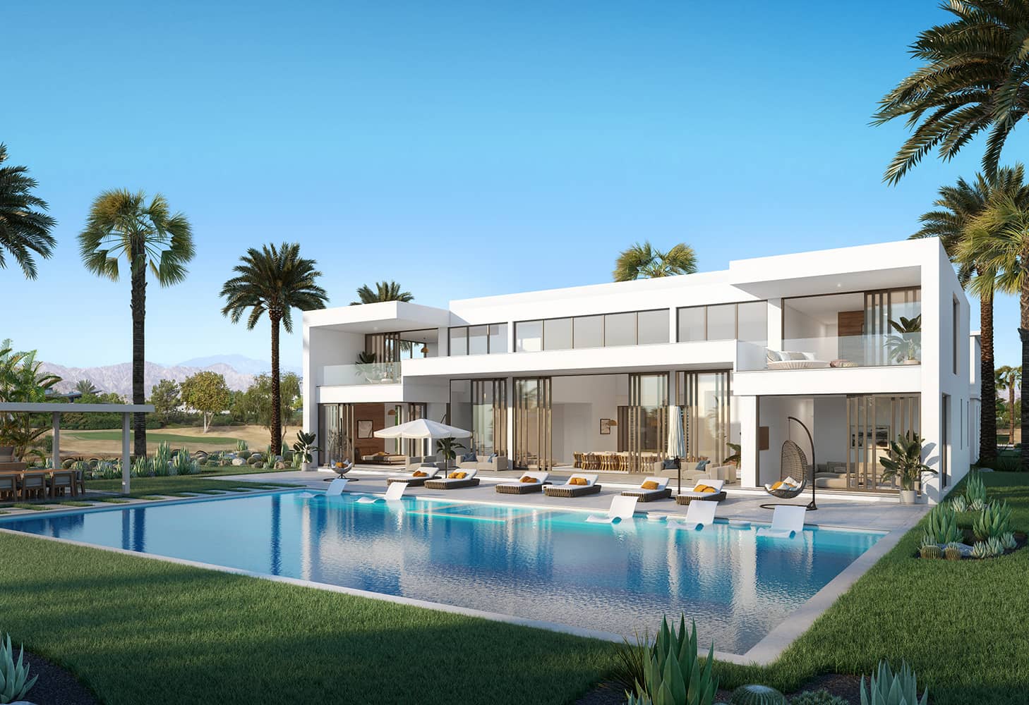 A 3D architectural rendering of a modern home with a swimming pool and palm trees.