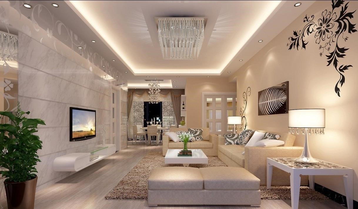 A modern living room with beige walls, white furniture, and the best lights.